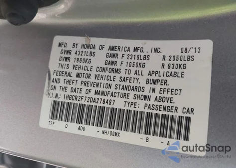 2013 Honda Accord Ex z USA, uszkodzony, nr VIN 1HGCR2F72DA278497